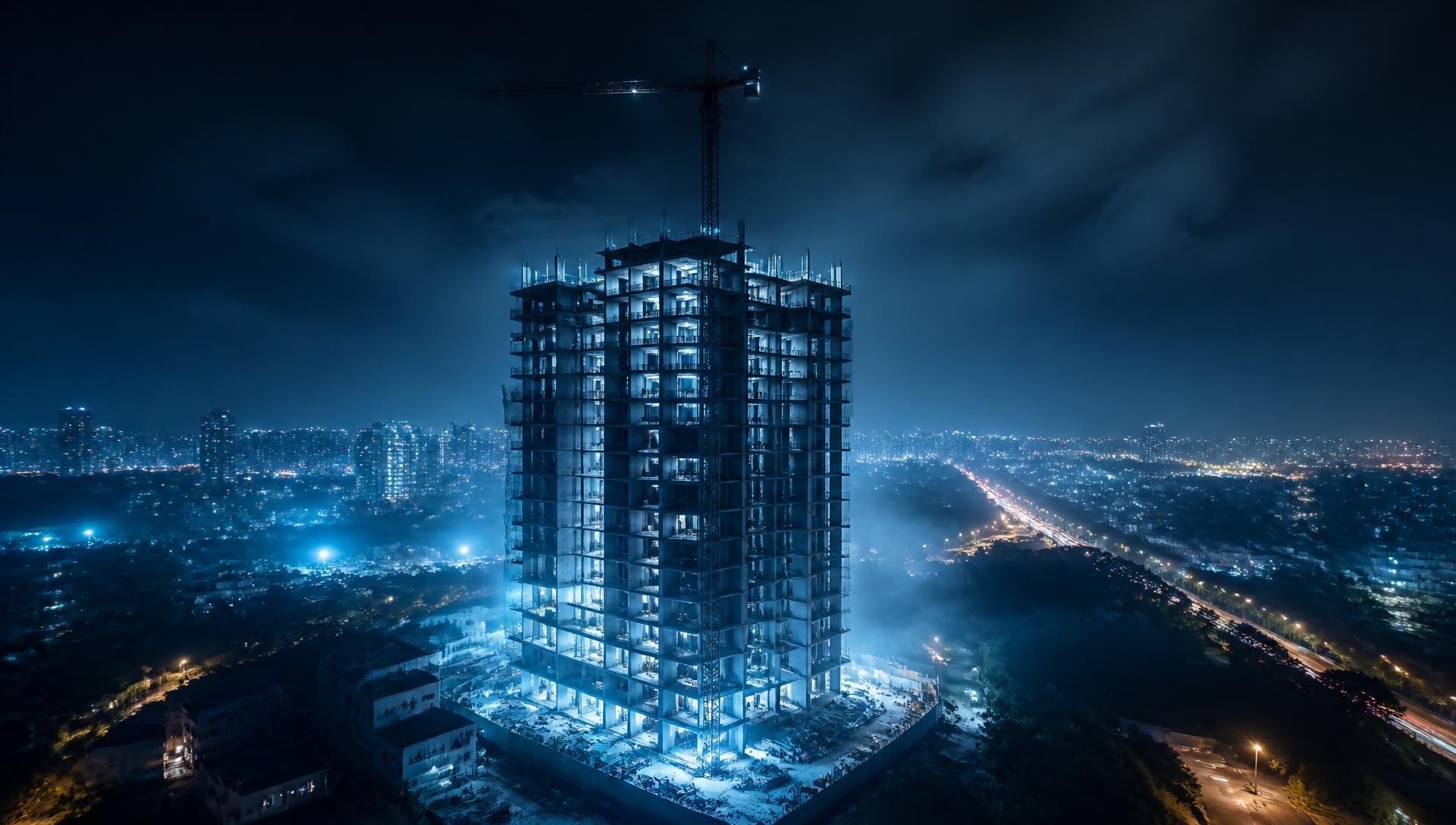 Torre residencial iluminada à noite vista do alto